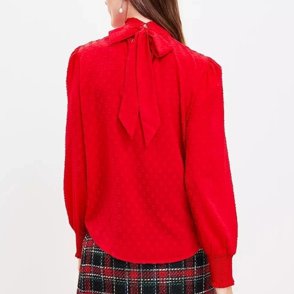 LOFT Petite Clip Ruffle Smocked Bright Red Dotted Blouse XS - Picture 3 of 3